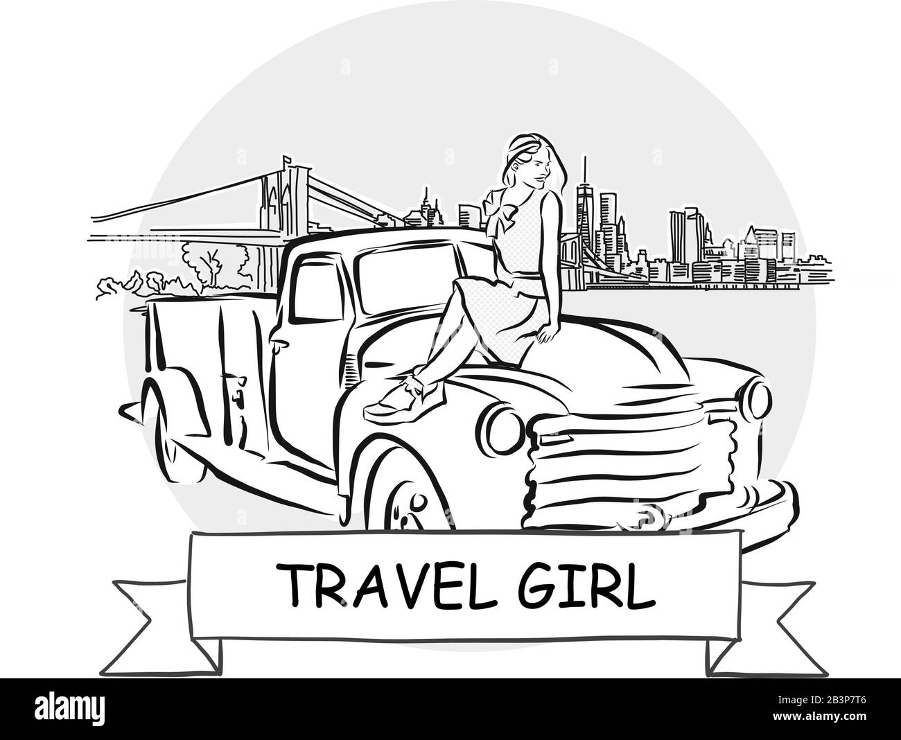 Panneau Vectoriel Travel Girl Cityscape. Illustration d'un dessin au trait avec ruban et titre. Illustration de Vecteur