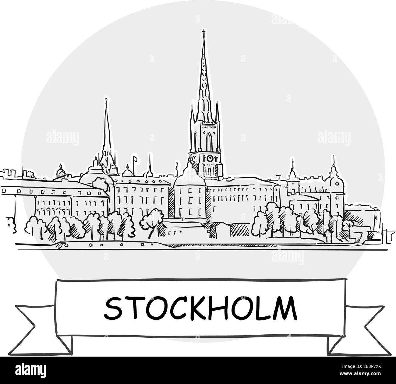 Panneau Vectoriel Stockholm Cityscape. Illustration d'un dessin au trait avec ruban et titre. Illustration de Vecteur