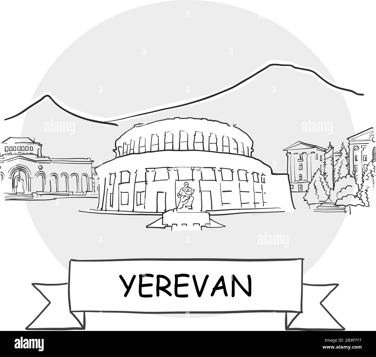 Panneau Vectoriel Yerevan Cityscape. Illustration d'un dessin au trait avec ruban et titre. Illustration de Vecteur