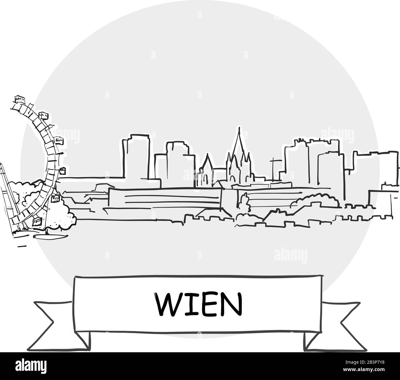 Panneau Vectoriel Wien Cityscape. Illustration d'un dessin au trait avec ruban et titre. Illustration de Vecteur