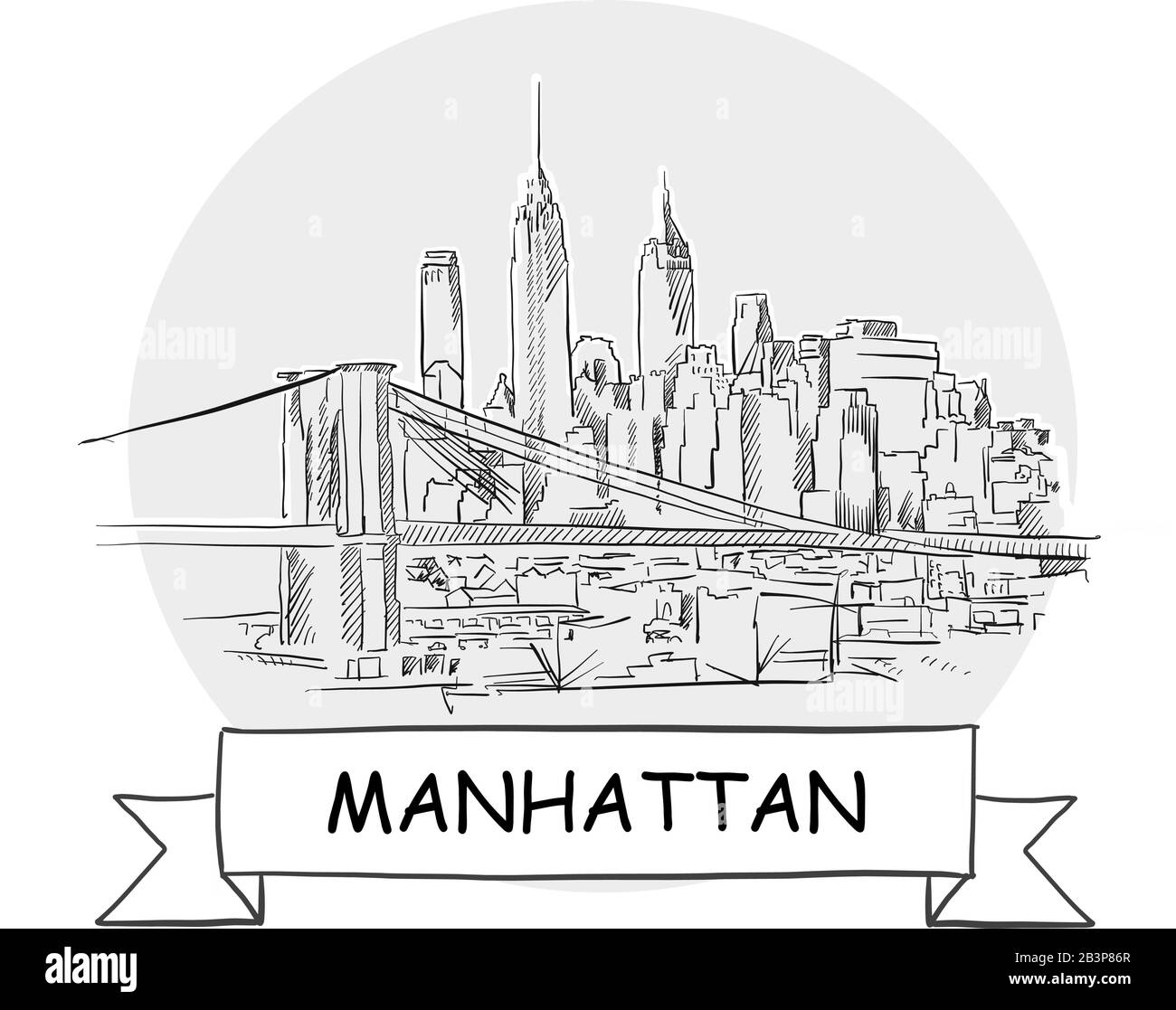 Panneau Vectoriel Manhattan Cityscape. Illustration d'un dessin au trait avec ruban et titre. Illustration de Vecteur
