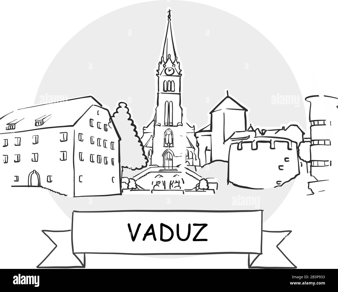 Panneau Vectoriel Vaduz Cityscape. Illustration d'un dessin au trait avec ruban et titre. Illustration de Vecteur