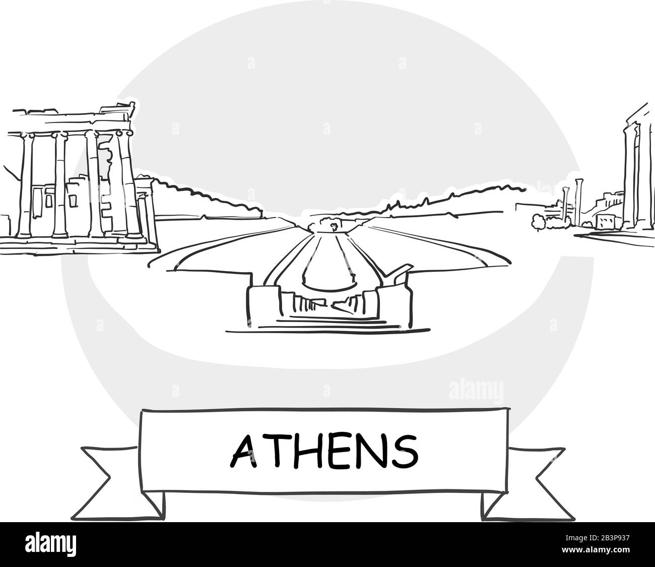 Panneau Vectoriel Athens Cityscape. Illustration d'un dessin au trait avec ruban et titre. Illustration de Vecteur