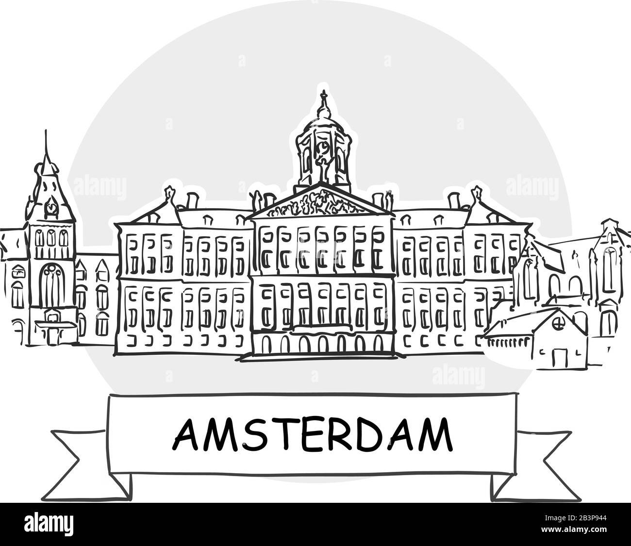 Panneau Vectoriel Amsterdam Cityscape. Illustration d'un dessin au trait avec ruban et titre. Illustration de Vecteur