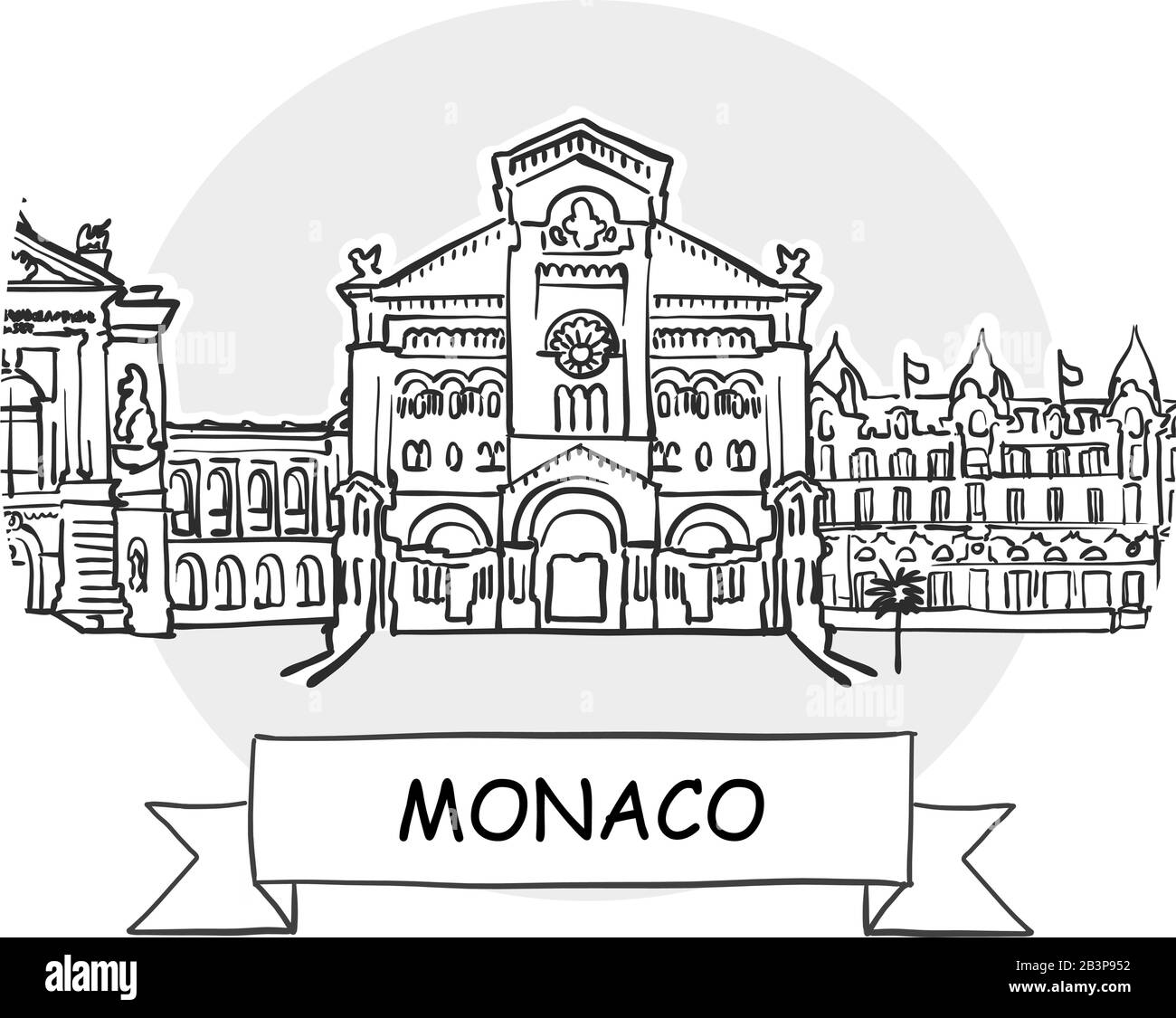 Panneau Vectoriel Monaco Cityscape. Illustration d'un dessin au trait avec ruban et titre. Illustration de Vecteur