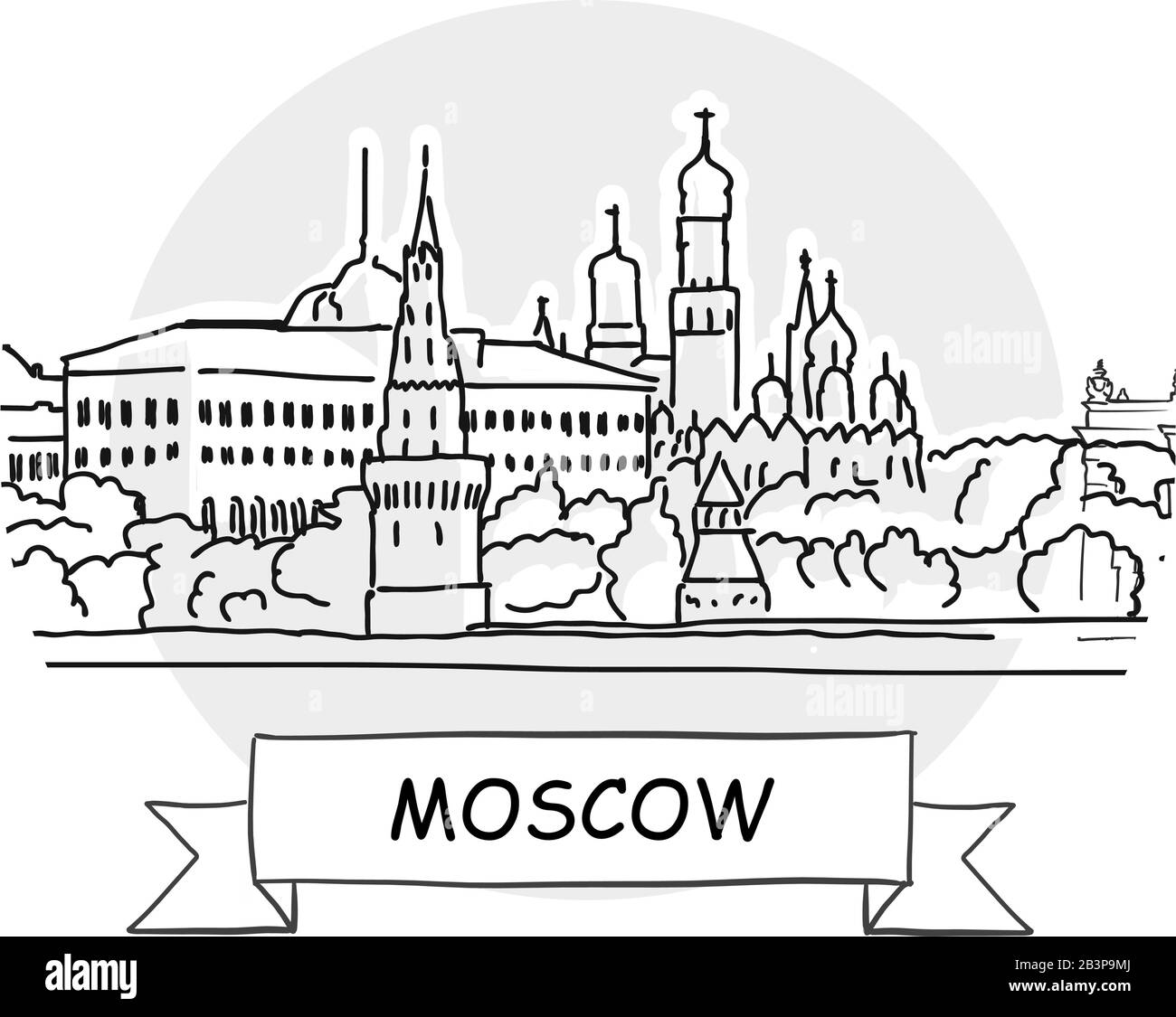 Panneau Vectoriel Moscow Cityscape. Illustration d'un dessin au trait avec ruban et titre. Illustration de Vecteur