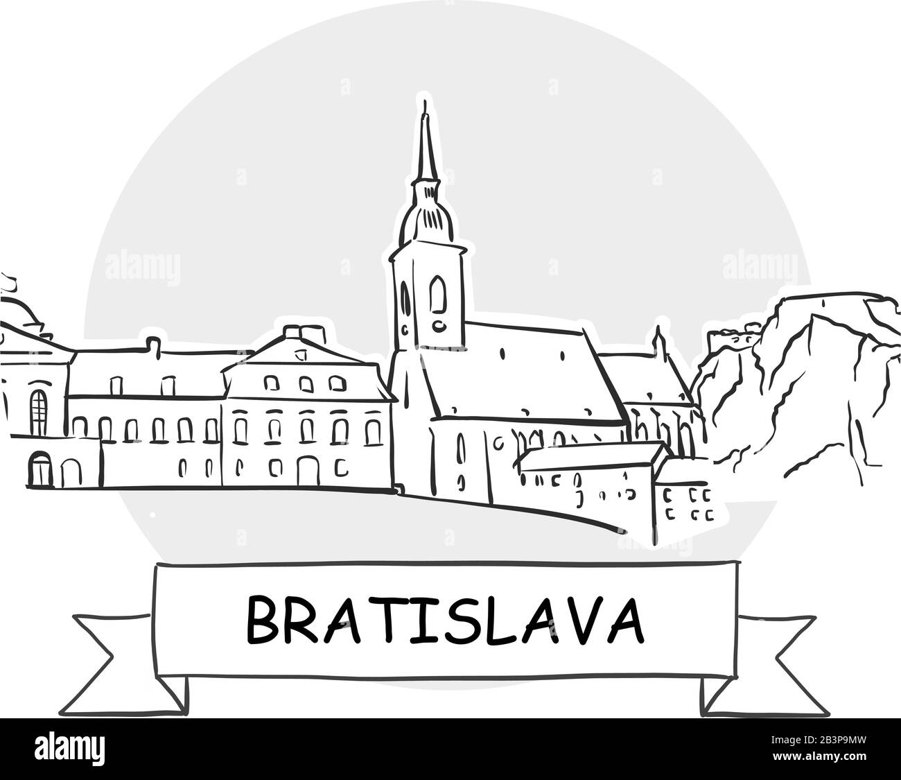 Panneau Vectoriel Bratislava Cityscape. Illustration d'un dessin au trait avec ruban et titre. Illustration de Vecteur