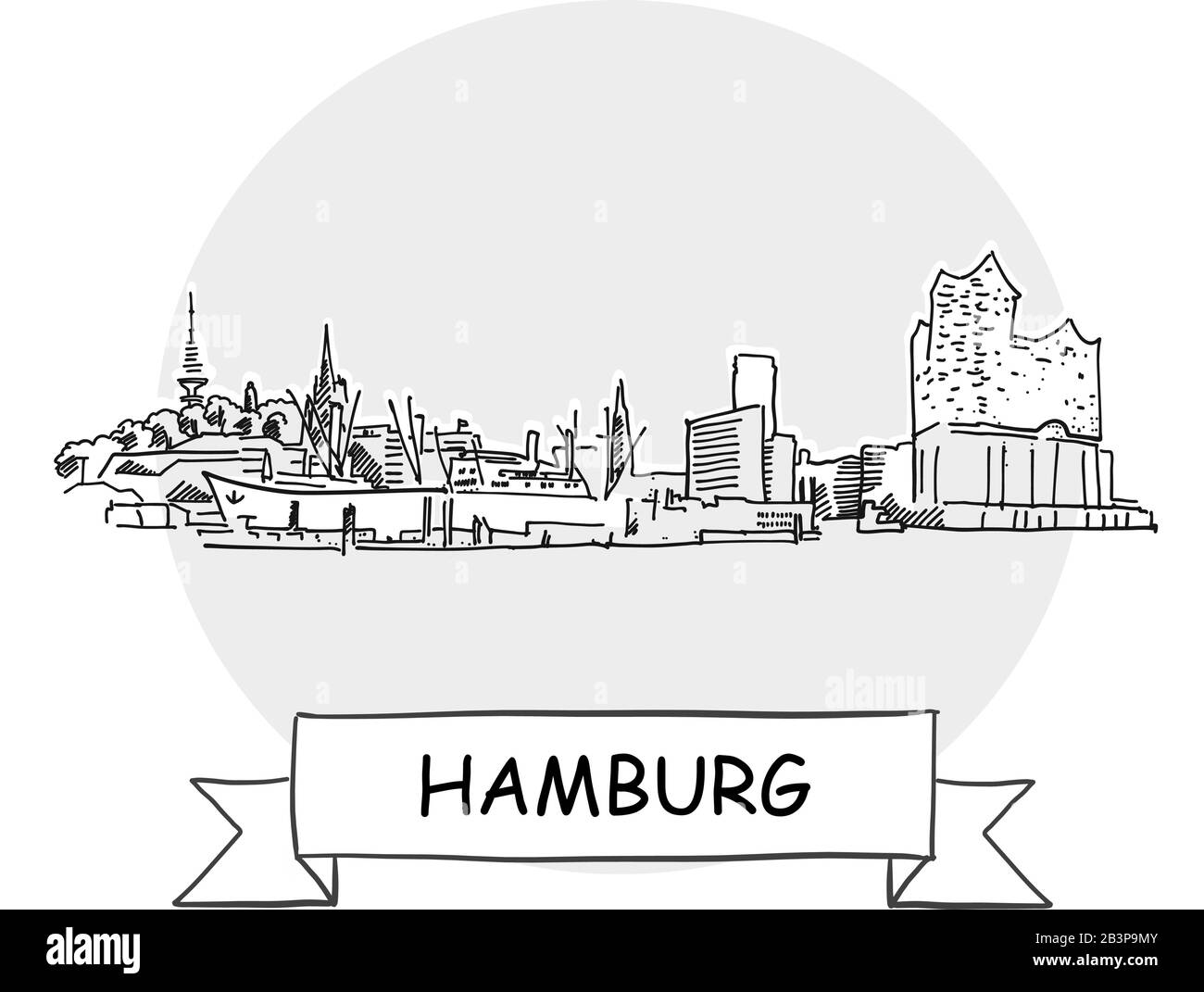 Panneau Vectoriel Hamburg Cityscape. Illustration d'un dessin au trait avec ruban et titre. Illustration de Vecteur