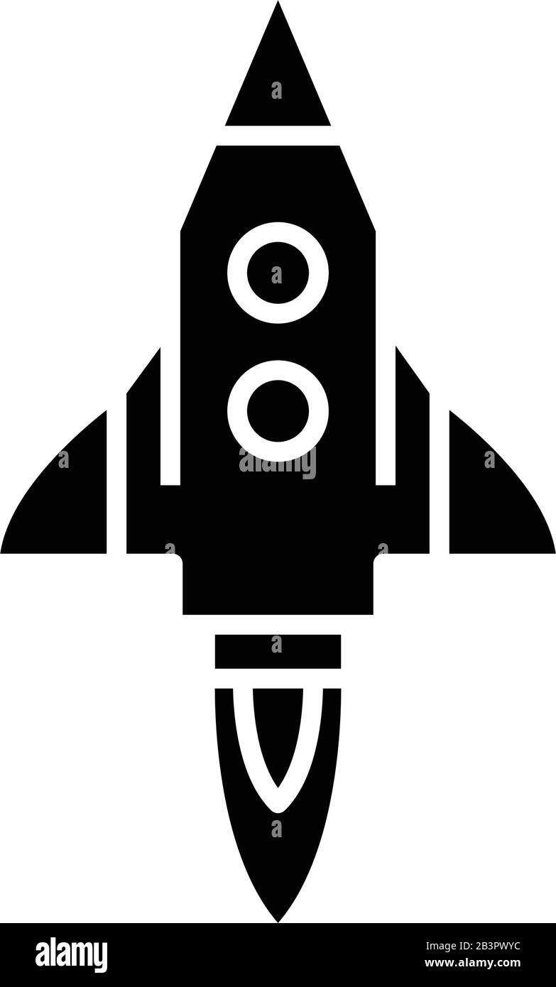 Icône noire de missile propulsé par une fusée, illustration conceptuelle, symbole vectoriel plat, signe glyphe. Illustration de Vecteur