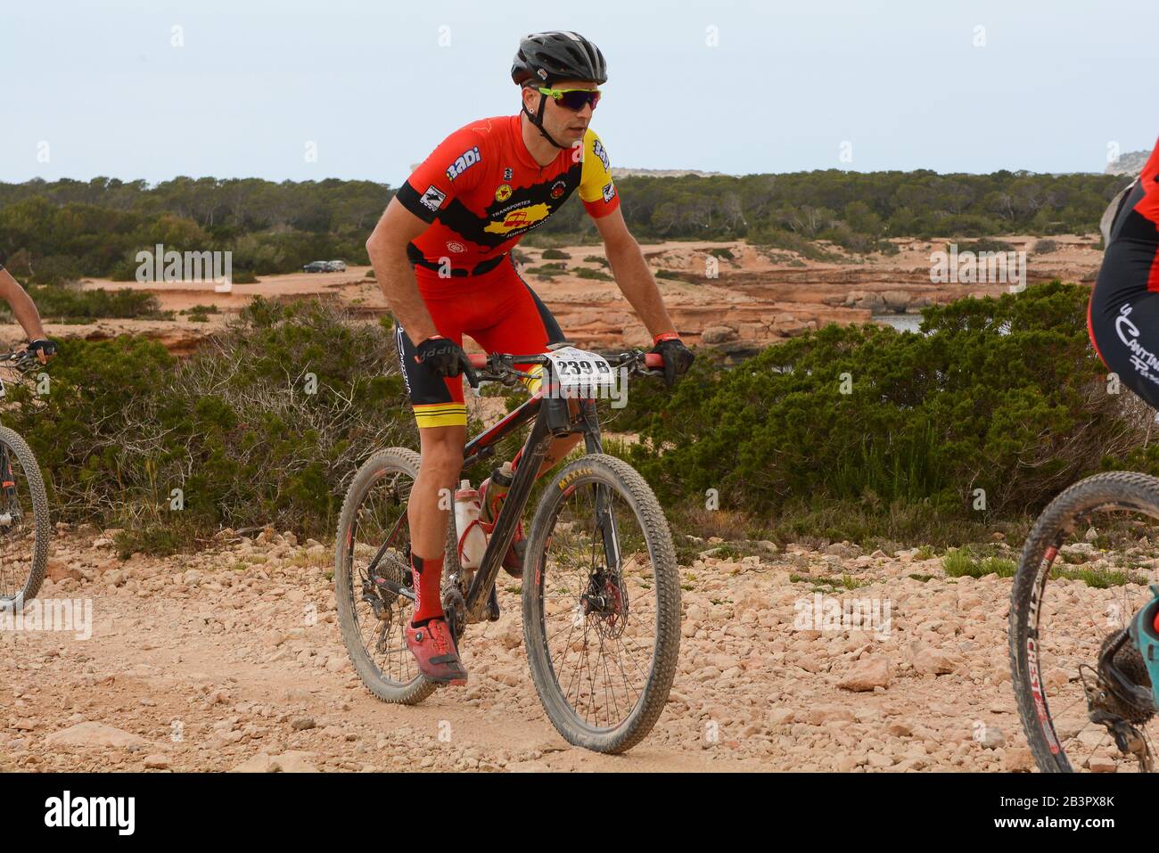 Cala Tarida, Ibiza, Iles Baléares, Espagne : 2017 abril 17 : Cyclistes à VUELTA IBIZA BTT 2017 à Ibiza, Andorre. Course amateur à Ibiza. Banque D'Images