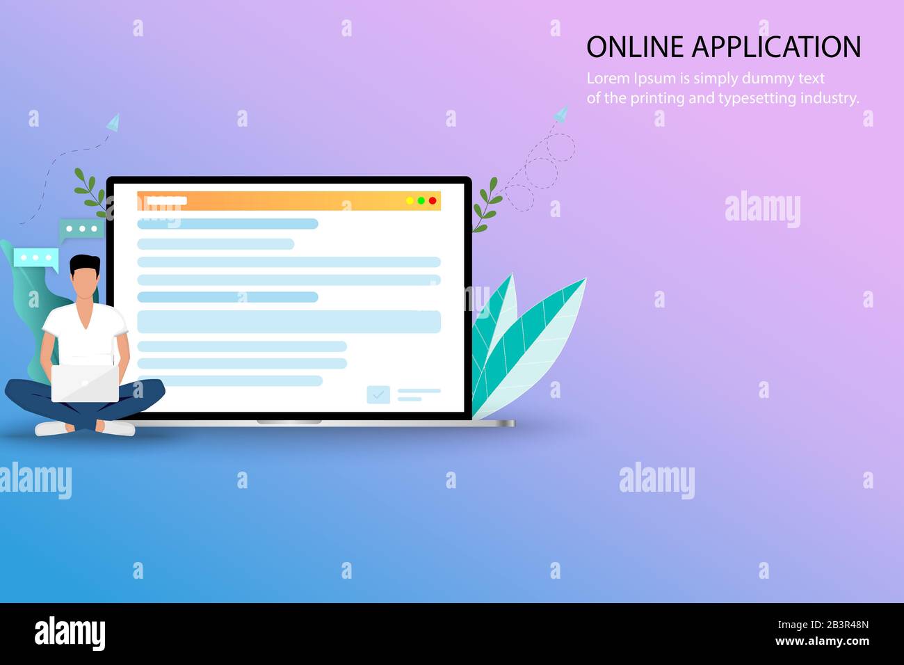 Concept d'application en ligne, un jeune homme recherche sur Internet en utilisant un ordinateur portable pour trouver un cours à appliquer à l'université ou à la demande d'emploi. Illustration de Vecteur