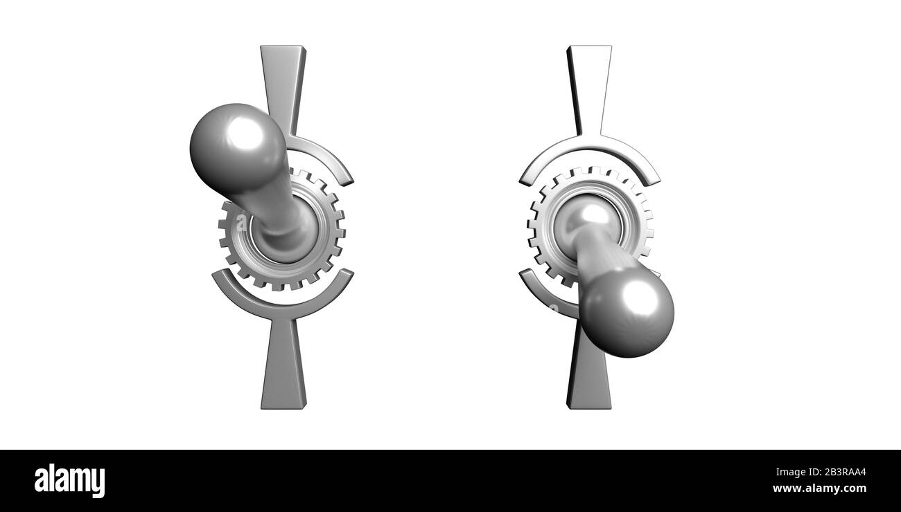 Interrupteur marche/arrêt. L'ancienne commande électrique rétro active et désactive la découpe isolée sur fond blanc. illustration tridimensionnelle Banque D'Images
