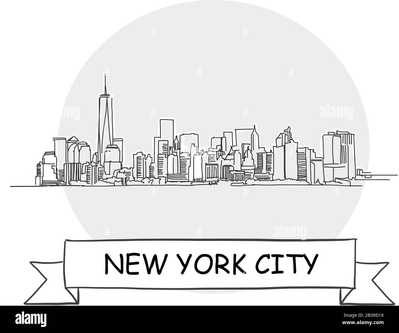 Panneau Vectoriel Urbain Dessiné À La Main De New York City. Illustration De L'Art De La Ligne Noire Avec Ruban Et Titre. Illustration de Vecteur