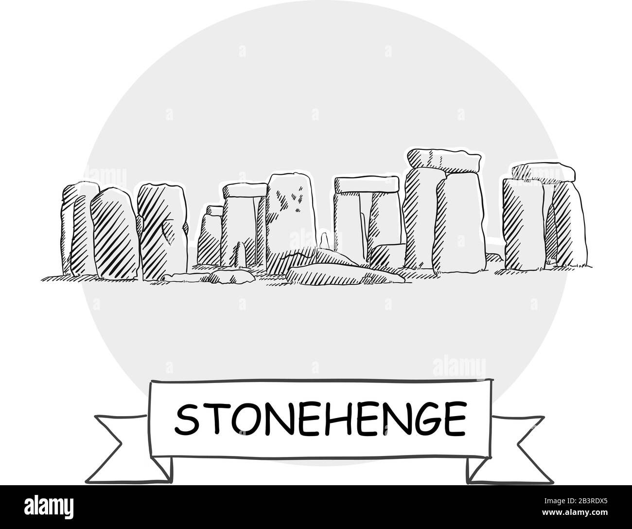 Panneau Vectoriel Urbain Dessiné À La Main De Stonehenge. Illustration De L'Art De La Ligne Noire Avec Ruban Et Titre. Illustration de Vecteur