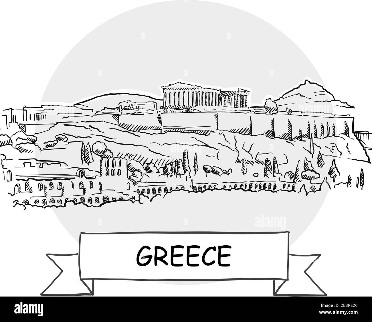 Grèce Signe Vectoriel Urbain Dessiné À La Main. Illustration De L'Art De La Ligne Noire Avec Ruban Et Titre. Illustration de Vecteur