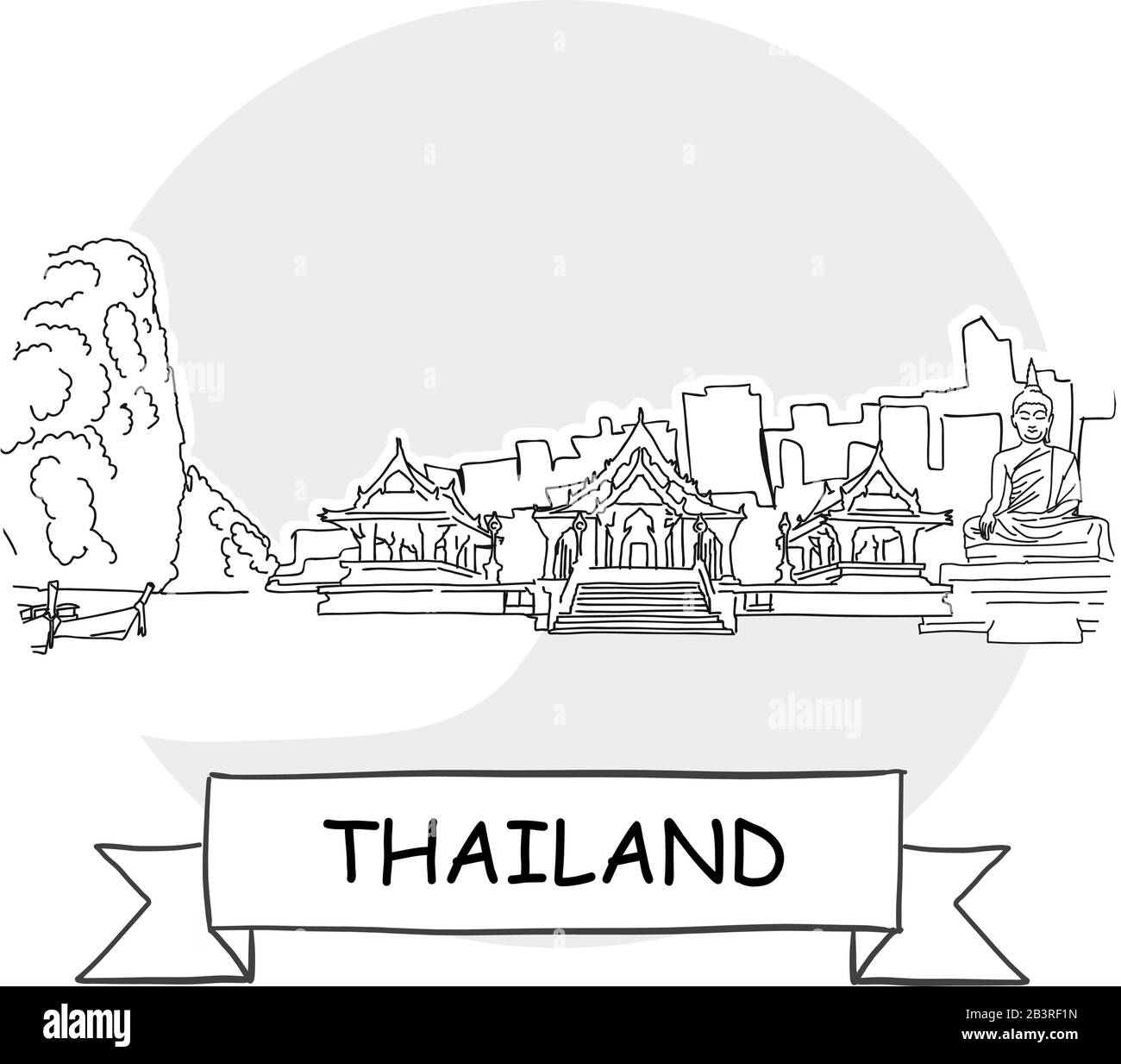 Thaïlande Signe Vectoriel Urbain Dessiné À La Main. Illustration De L'Art De La Ligne Noire Avec Ruban Et Titre. Illustration de Vecteur