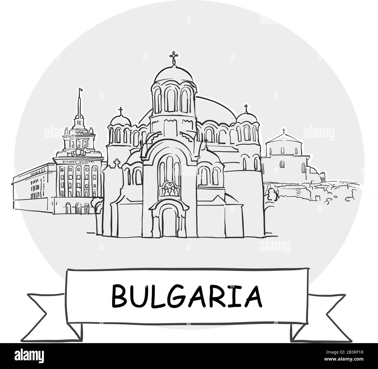 Bulgarie Signe Vectoriel Urbain Dessiné À La Main. Illustration De L'Art De La Ligne Noire Avec Ruban Et Titre. Illustration de Vecteur