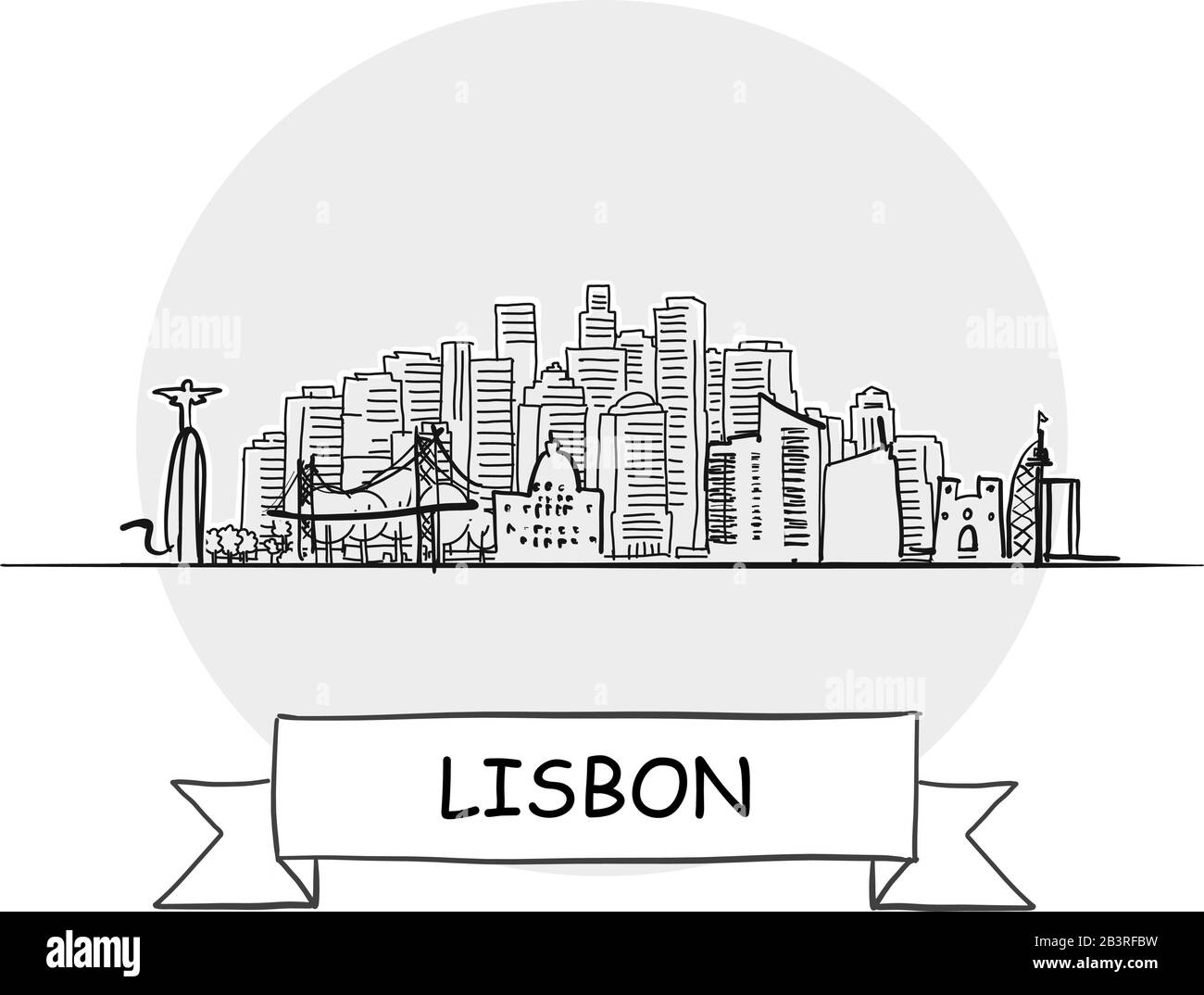 Panneau Vectoriel Urbain Dessiné À La Main À Lisbonne. Illustration De L'Art De La Ligne Noire Avec Ruban Et Titre. Illustration de Vecteur