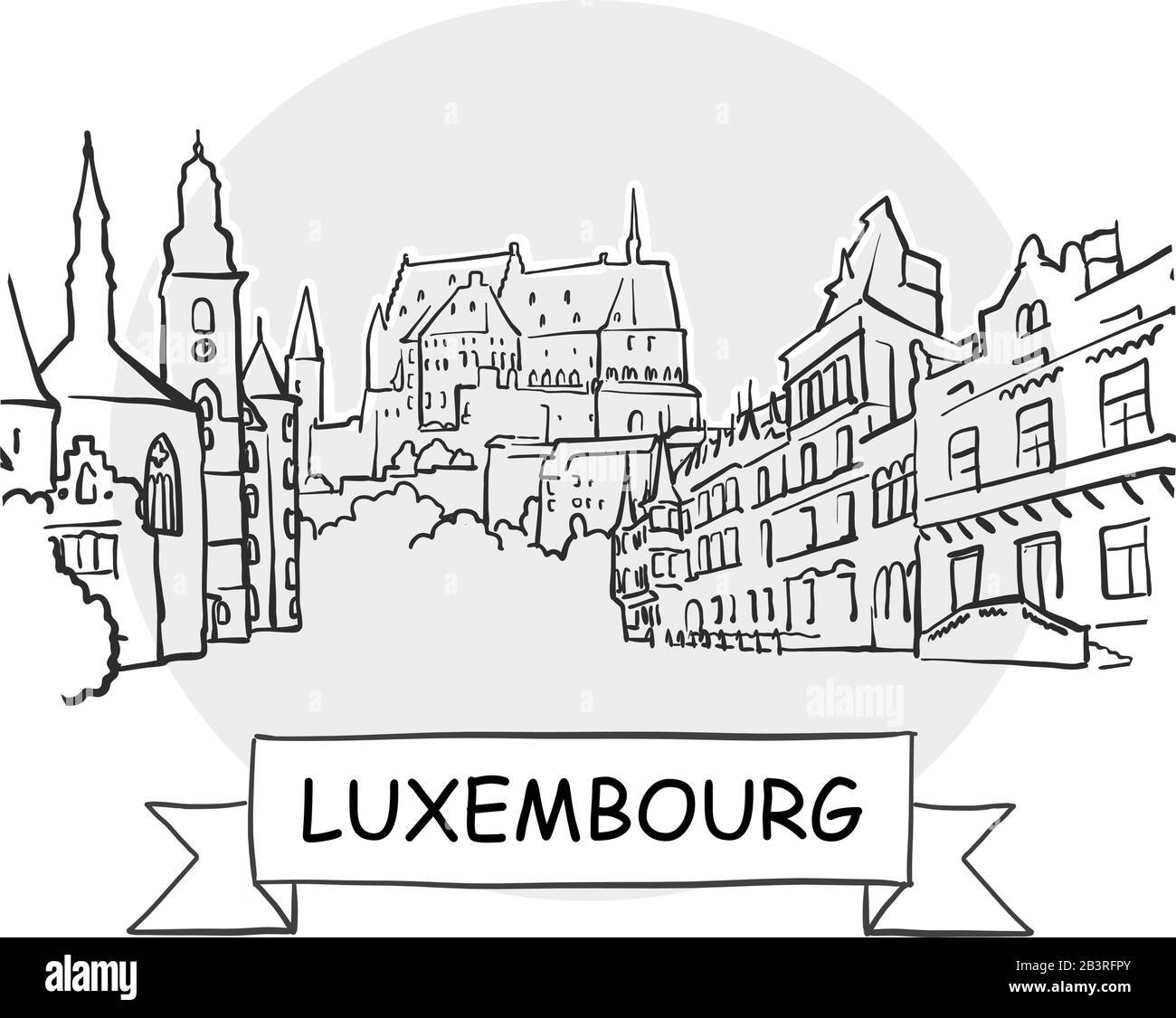 Panneau Vectoriel Urbain Dessiné À La Main Au Luxembourg. Illustration De L'Art De La Ligne Noire Avec Ruban Et Titre. Illustration de Vecteur