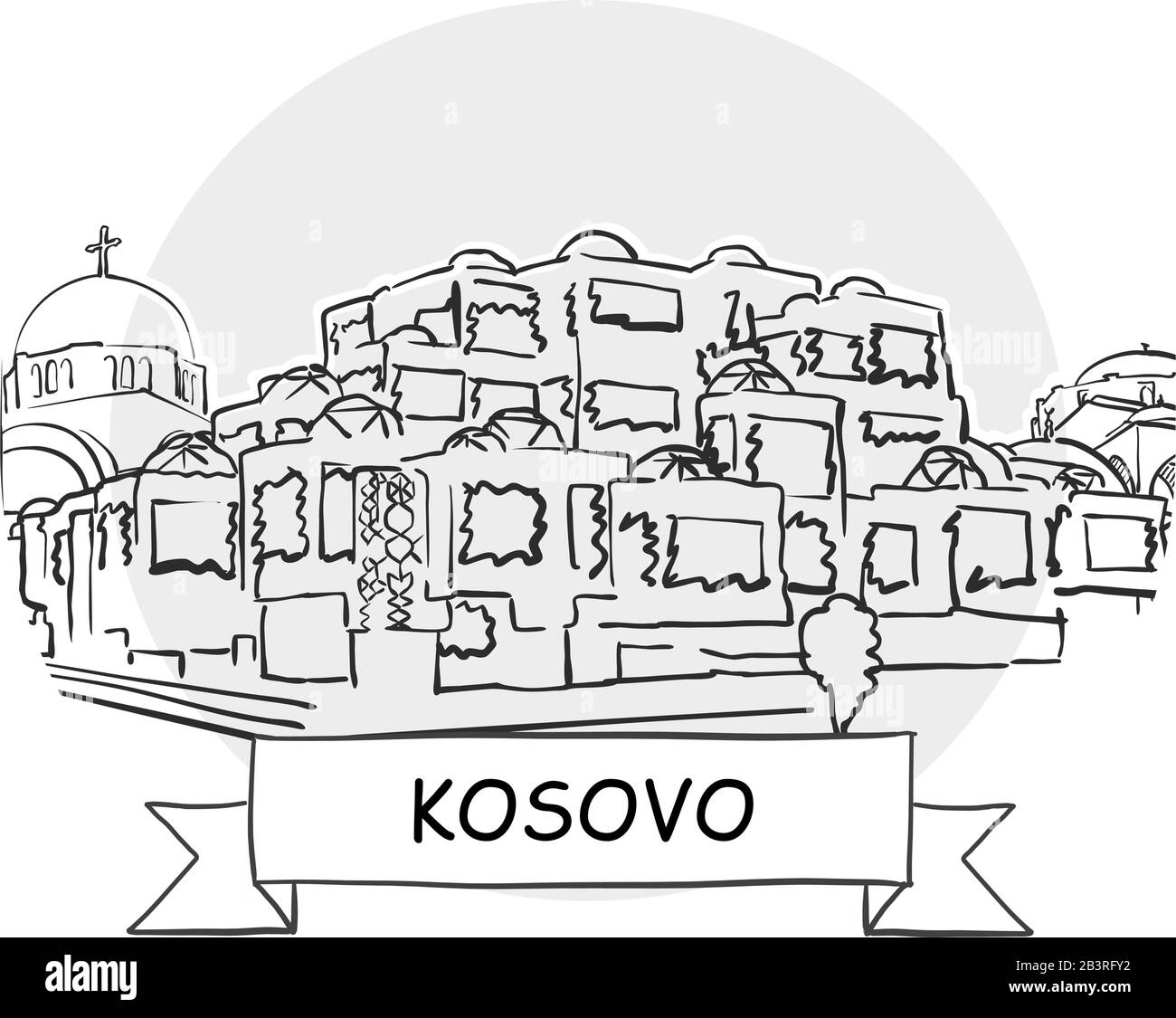 Symbole Vectoriel Urbain Dessiné À La Main Au Kosovo. Illustration De L'Art De La Ligne Noire Avec Ruban Et Titre. Illustration de Vecteur