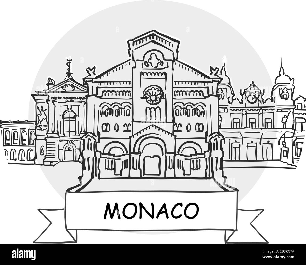 Panneau Vectoriel Urbain Dessiné À La Main De Monaco. Illustration De L'Art De La Ligne Noire Avec Ruban Et Titre. Illustration de Vecteur