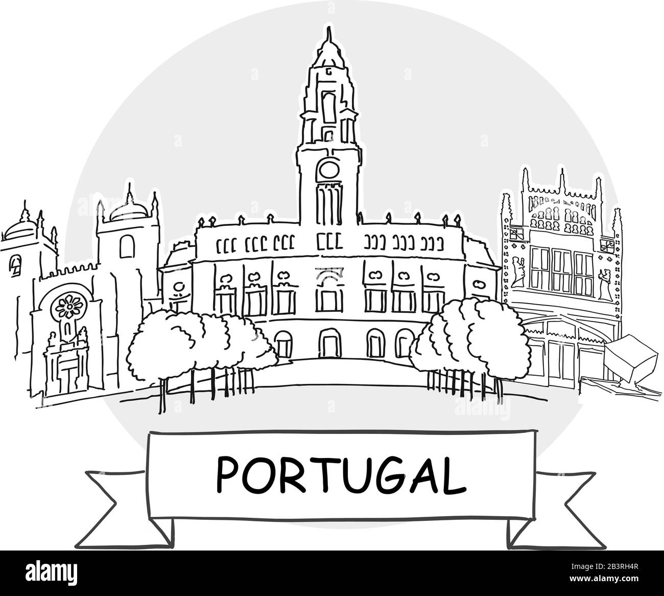 Portugal Signe Vectoriel Urbain Dessiné À La Main. Illustration De L'Art De La Ligne Noire Avec Ruban Et Titre. Illustration de Vecteur
