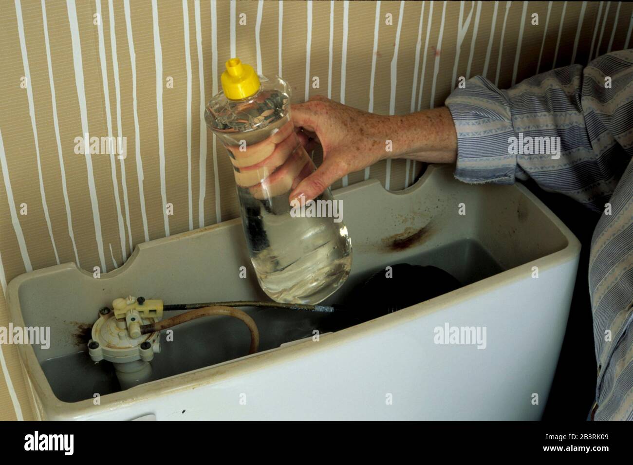Austin Texas USA: Propriétaire d'une maison plaçant un récipient en plastique rempli d'eau dans le réservoir de toilettes pour économiser de l'eau.©Bob Daemmrich/ Banque D'Images