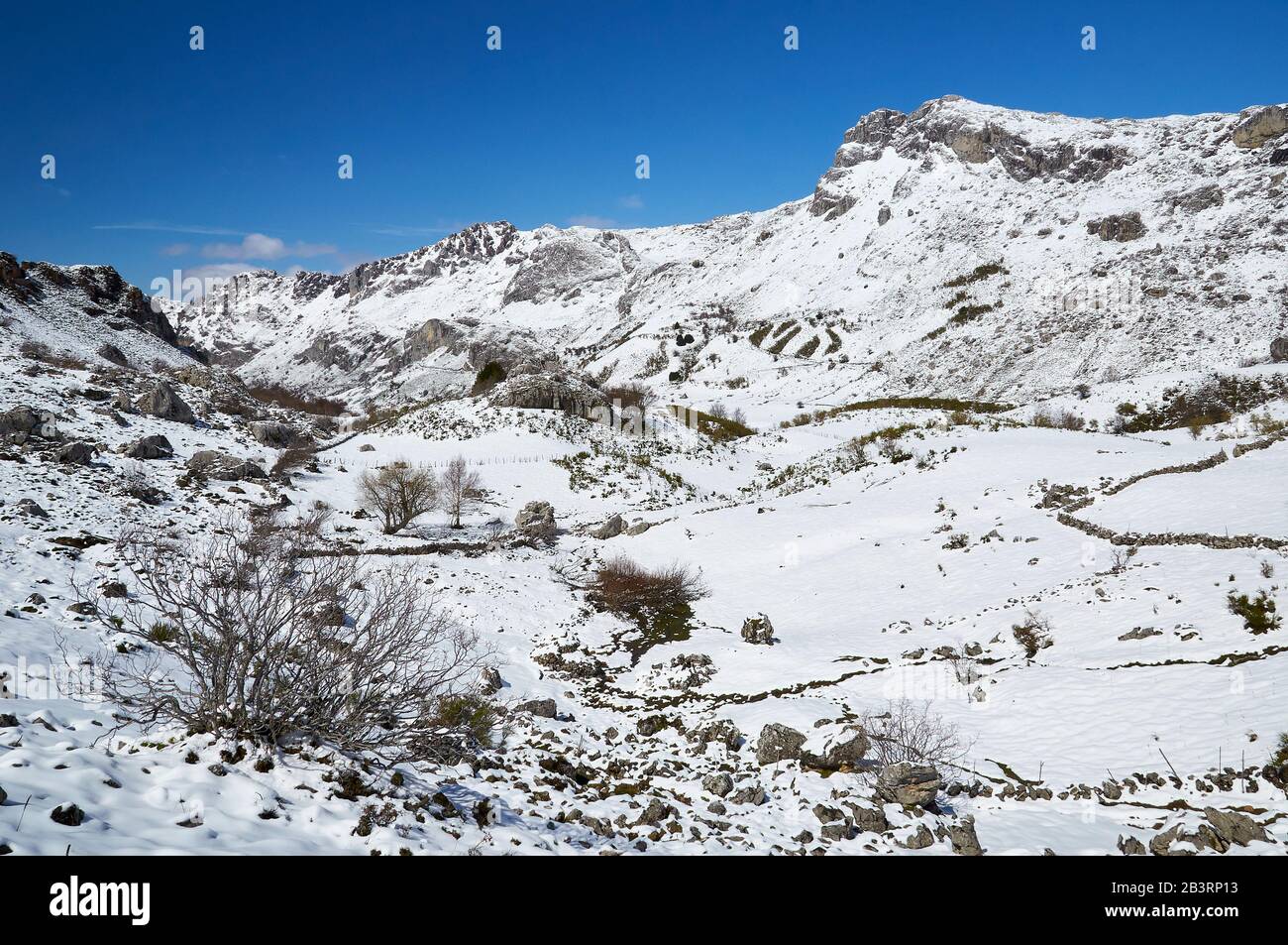 Paysage enneigé d'hiver avec neige fraîche immaculée dans une journée ensoleillée sur le sentier de randonnée PR.AS-15 (Valle del Lago, Soriedo Natural Park, Asturies, Espagne) Banque D'Images