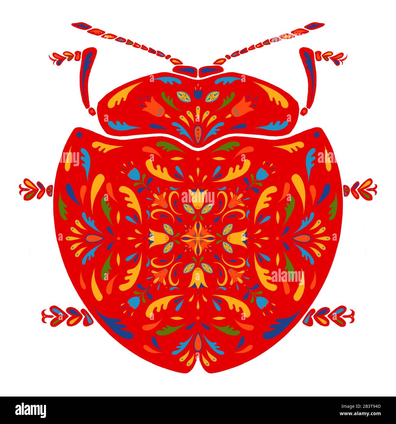 Cyrtonota sexpustulata. Une illustration, un graphique avec le coléoptère rouge isolé sur un fond blanc. Dendroctone décorative et décorée avec ornement. Banque D'Images