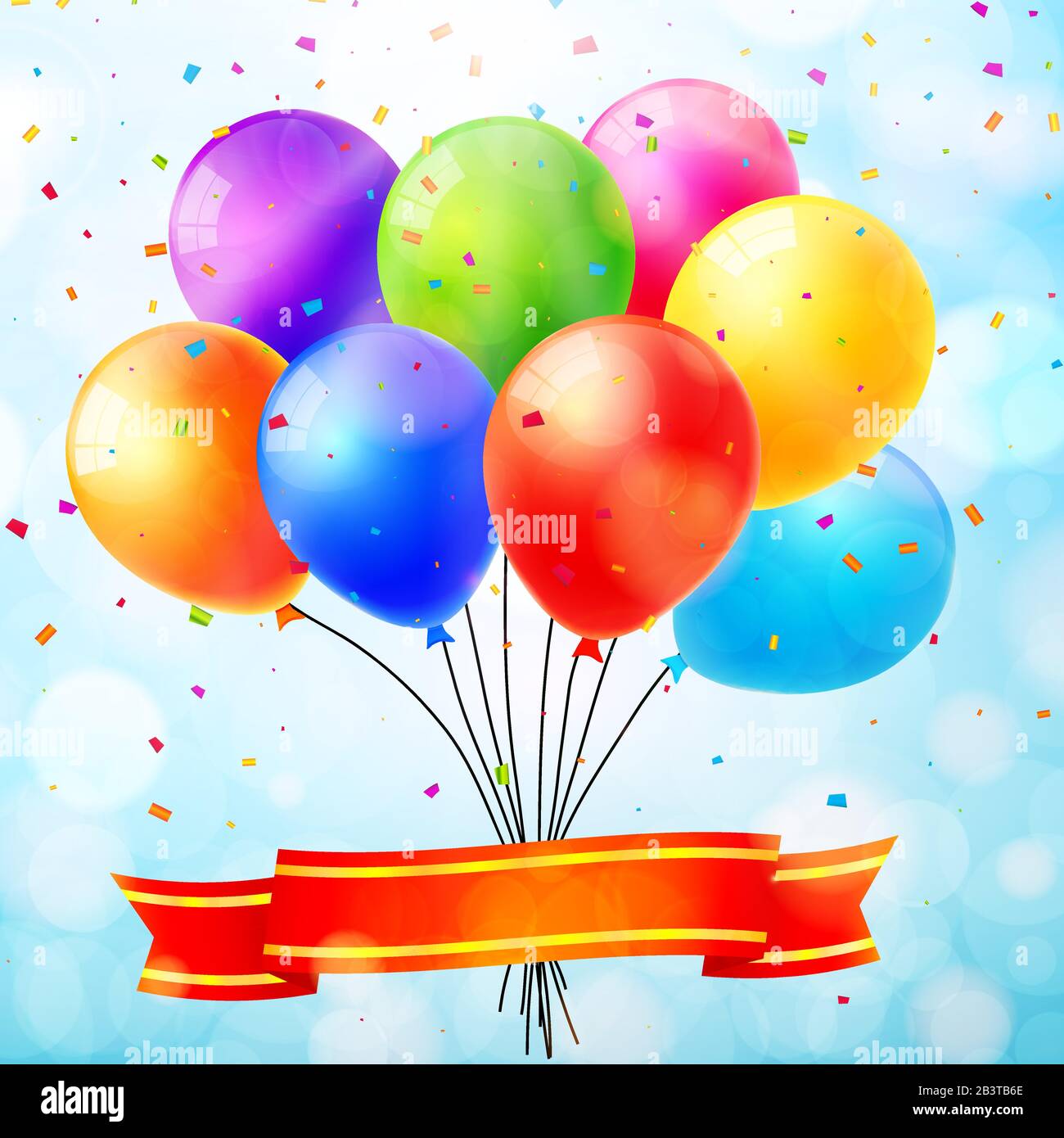 Ambiance festive avec des ballons colorés, un ruban et des confettis. Illustration vectorielle Illustration de Vecteur