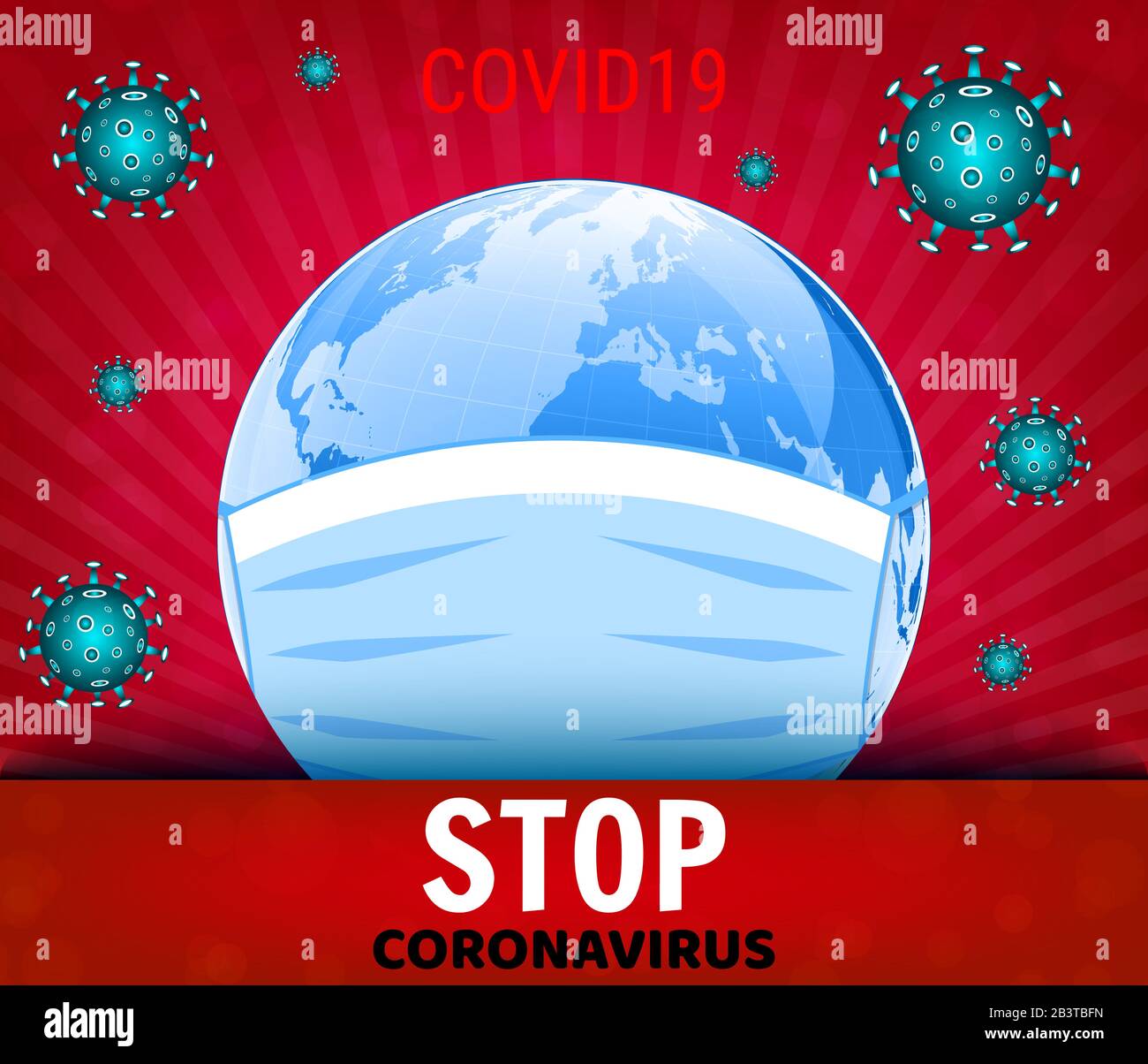 Concept COVID-19 du coronavirus. La terre dans un masque médical. Épidémie dangereuse de coronavirus nCoV chinois. Concept médical pandémique avec cellules dangereuses. Vec Illustration de Vecteur