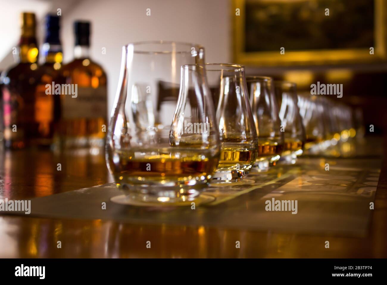 Une gamme de verres de dégustation remplis de différents types De Whiskies pour la dégustation, avec l'accent sur le deuxième verre, le reste est hors de l'intérêt Banque D'Images