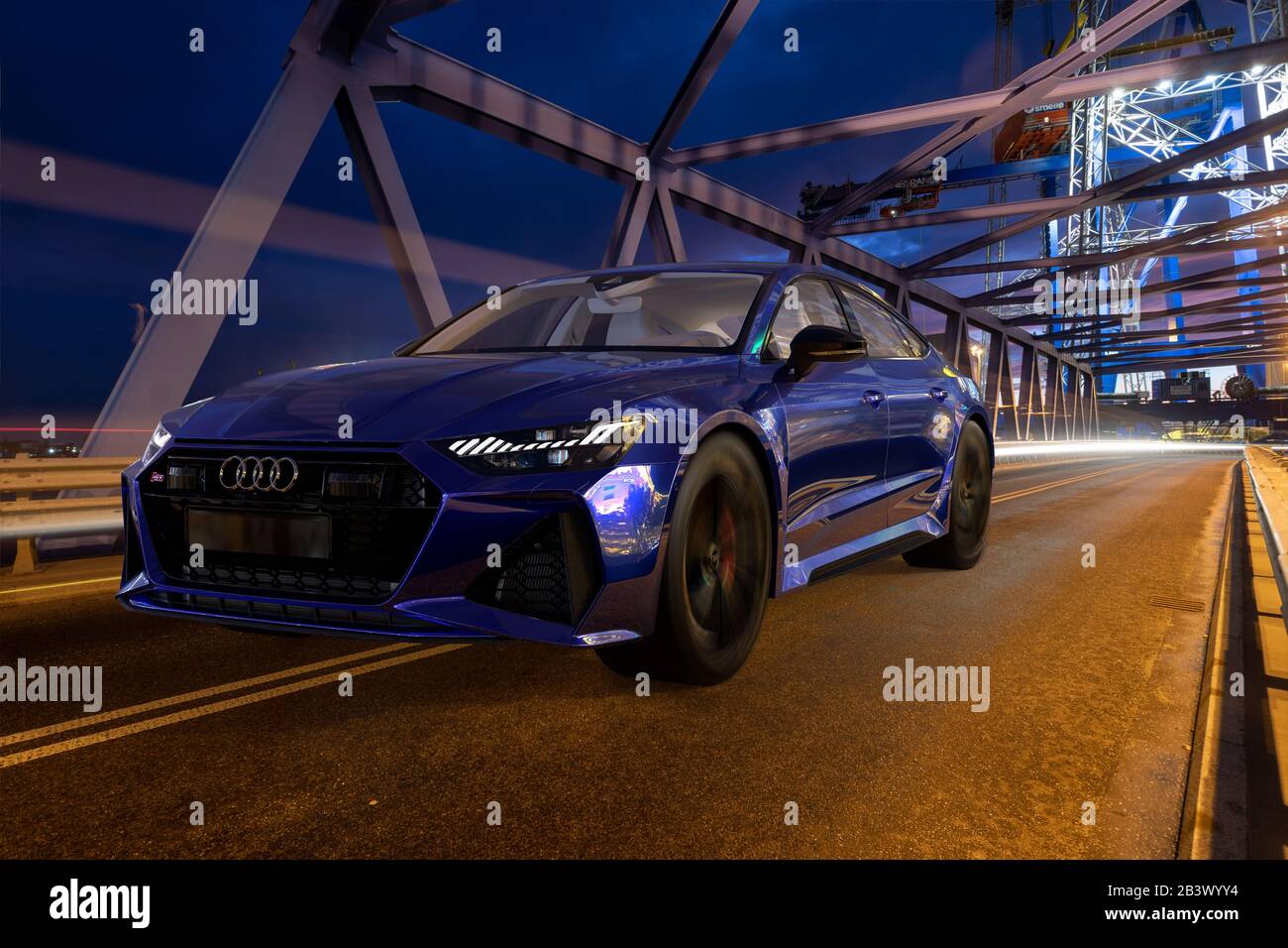 Audi RS 7 conduite par pont éclairé la nuit Banque D'Images