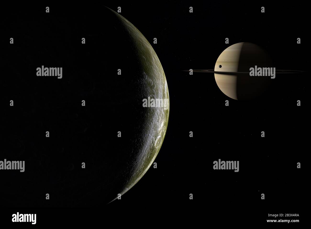 Satellite Dione en orbite avec Mimas et Saturne planète. rendu tridimensionnel Banque D'Images