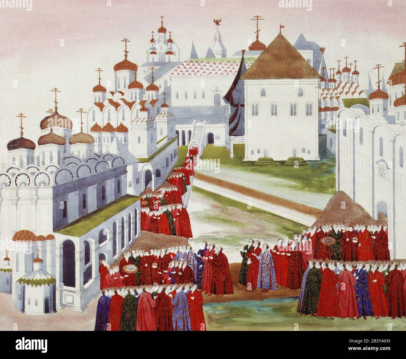 Le tsar russe Mikhaïl Fedorovich est doté de pièces d'or et d'argent lorsqu'il quitte la cathédrale de l'Assomption le 11 juillet 1613. Peinture du XVIIe siècle. Banque D'Images