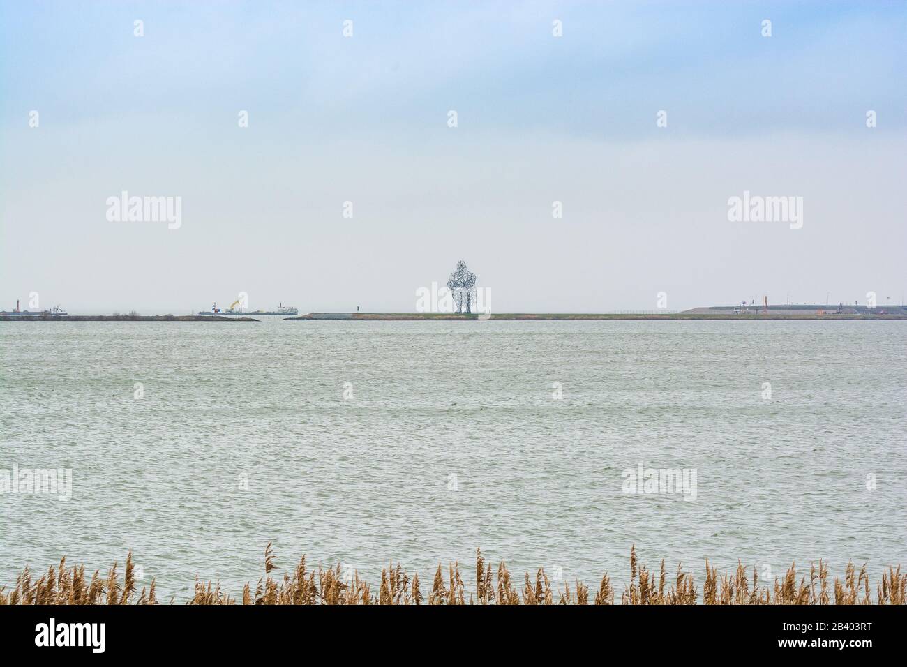 Lelystad, Pays-Bas - 9 Janvier 2020. Antony Gormley exposition Statue - immense statue assise sur la côte de Markermeer Banque D'Images