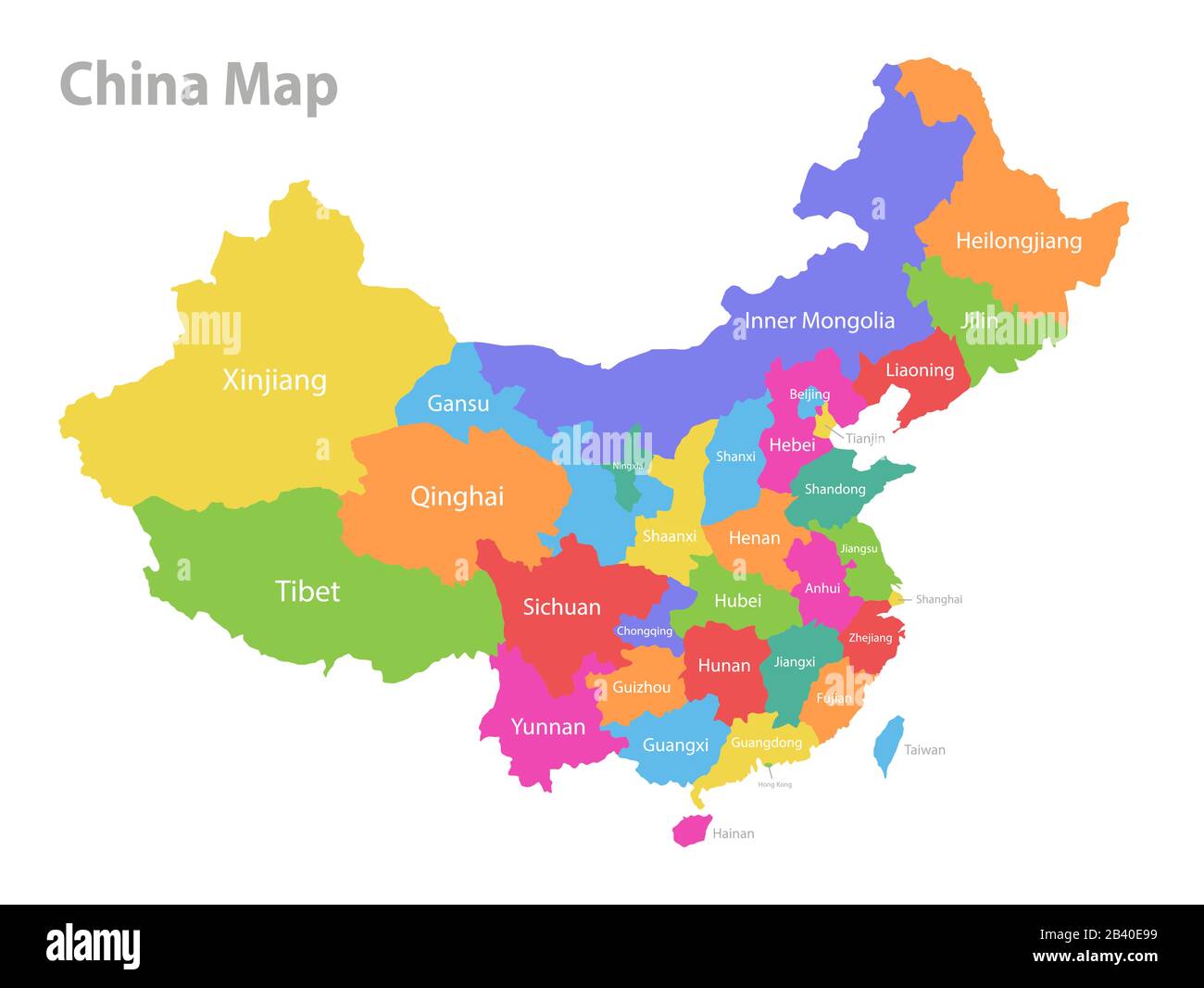 Carte chinoise, division administrative, région individuelle séparée avec noms, carte couleur isolée sur fond blanc vectoriel Illustration de Vecteur