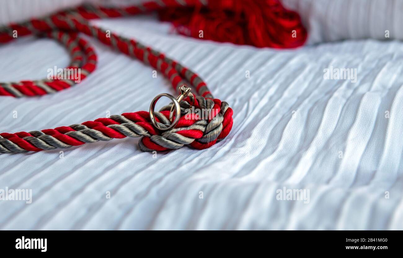 La Saint-Valentin est la journée parfaite pour une proposition. Anneaux de mariage affichés ici sur un noeud de cordon rouge et argent avec effet bokeh. Banque D'Images