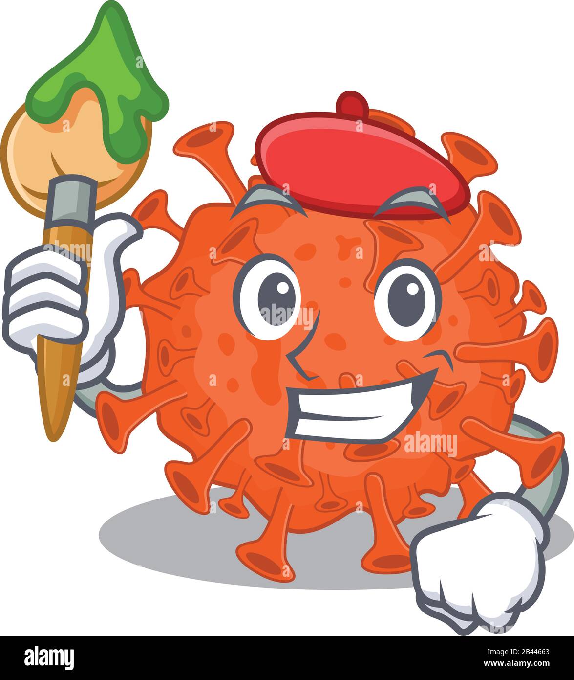 Personnage de dessin animé d'artiste au coronavirus au microscope électronique de talent avec brosse Illustration de Vecteur