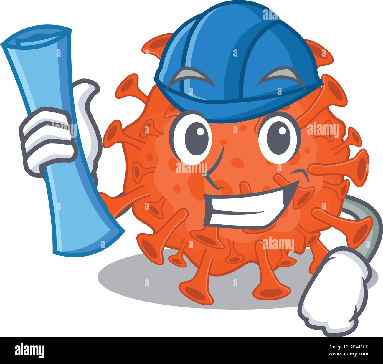 Architecte souriant de coronavirus de microscope électronique avec des empreintes bleues et un casque bleu Illustration de Vecteur