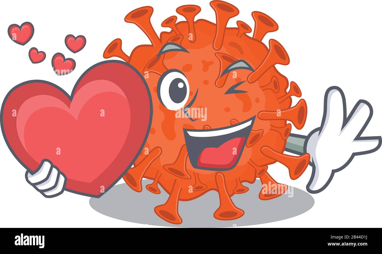 Un dessin animé romantique de coronavirus au microscope électronique tenant le cœur Illustration de Vecteur