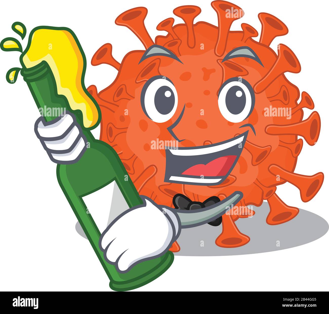 Coronavirus en microscopie électronique avec bouteille de style caricature de mascotte de bière Illustration de Vecteur