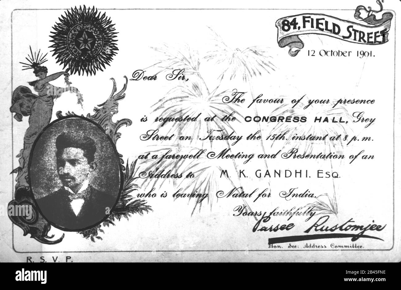 Mahatma Gandhi adieu réunion carte d'invitation par Parsee Rustomjee sur M. K. Gandhi départ de Natal pour l'Inde, Afrique du Sud, 12 octobre 1901, ancienne image millésime 1900 Banque D'Images