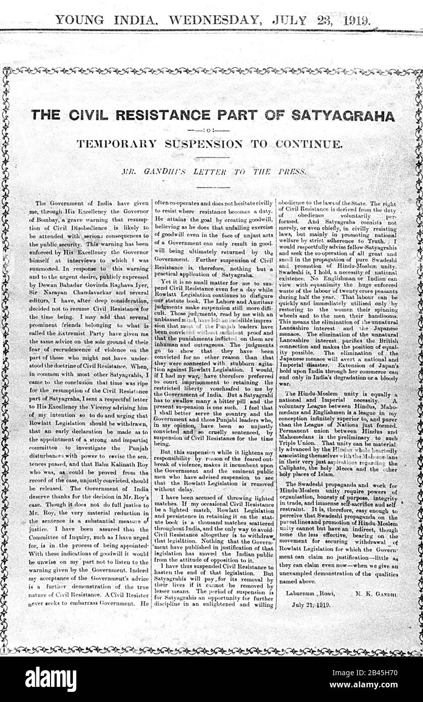 Mahatma Gandhi résistance civile satyagraha appel dans le journal de Young India du 28 juillet 1919, Bombay, Mumbai, Maharashtra, Inde, Asie, ancienne image millésime 1900 Banque D'Images