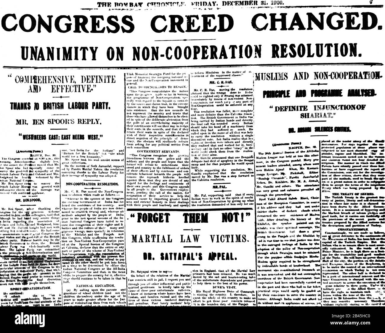 Mahatma Gandhi nouvelles du parti du Congrès dans le journal Bombay Chronicle, 31 décembre 1920, Bombay, Mumbai, Maharashtra, Inde, ancienne image du millésime 1900 Banque D'Images