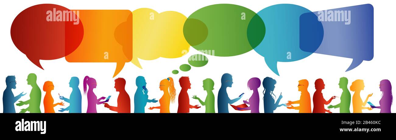 Communication entre un grand groupe de personnes qui parlent. Bulle de la parole. La foule parle. Communiquer les réseaux sociaux. Dialogue entre personnes.Silhouette Banque D'Images