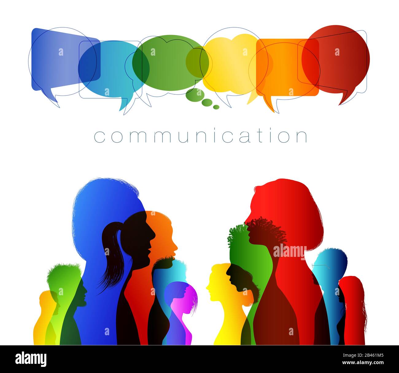 La foule parle. Bulle de la parole. Regroupez les personnes dans la silhouette du profil parlant. Communication de réseaux sociaux. Concept de communication. Nuages multicolores. Banque D'Images