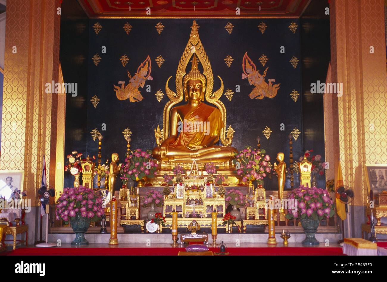 bouddha doré doré avec des cheveux bouclés attachés à l'aknot au-dessus de sa tête, intérieur du temple thaïlandais, bodhgaya, bihar, Inde, Asie Banque D'Images