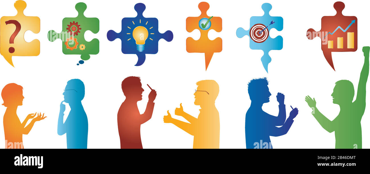 Profil coloré personnes gestuelle. Pièces de puzzle avec symboles de résolution de problèmes. Solution d'entreprise. Équipe de résolution des problèmes de concept. Stratégie et succès. Illustration de Vecteur