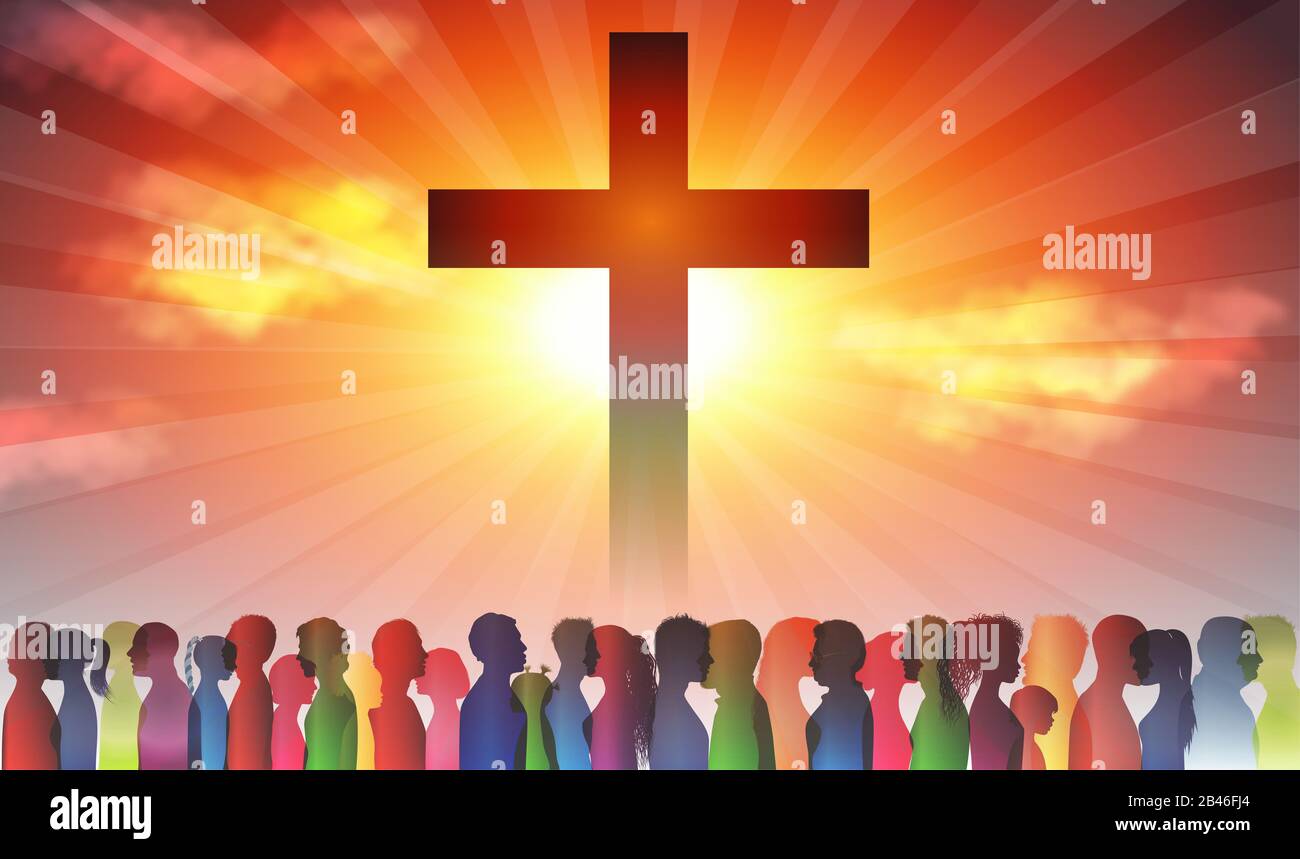Église chrétienne avec groupe de personnes. Silhouette chrétienne à la croix. Foule de personnes qui croient. Trouver le christianisme. Groupe de familles. Banque D'Images